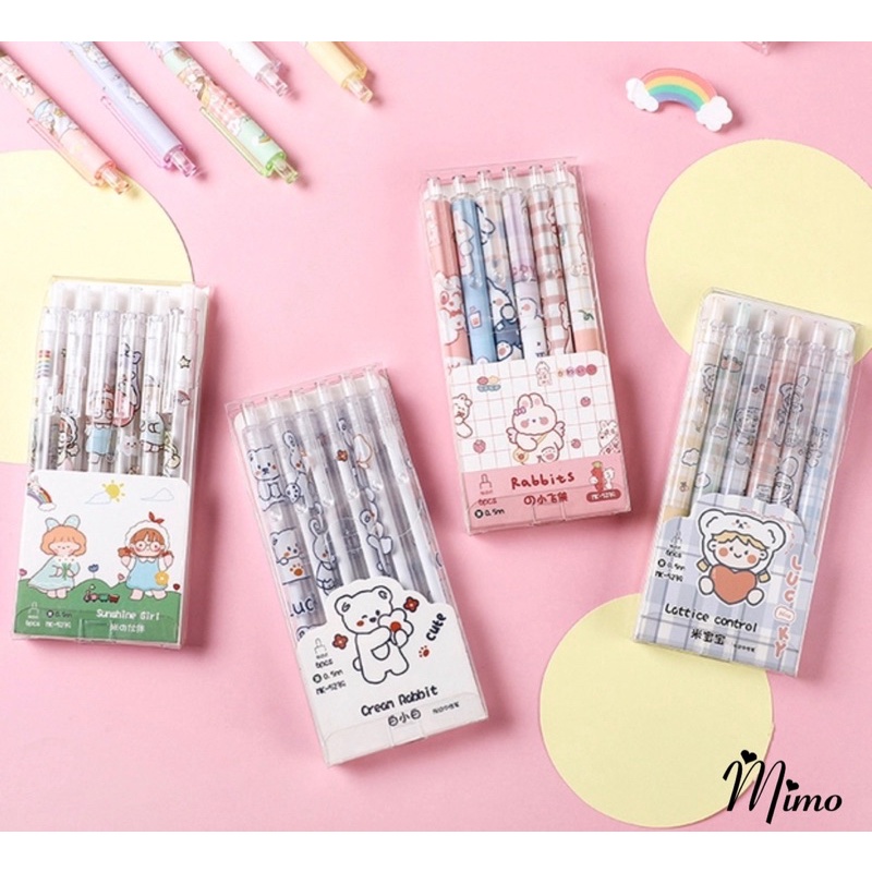 Bút gel đen 0.5mm cute set 6 bút bấm họa tiết hoạt hình dễ thương