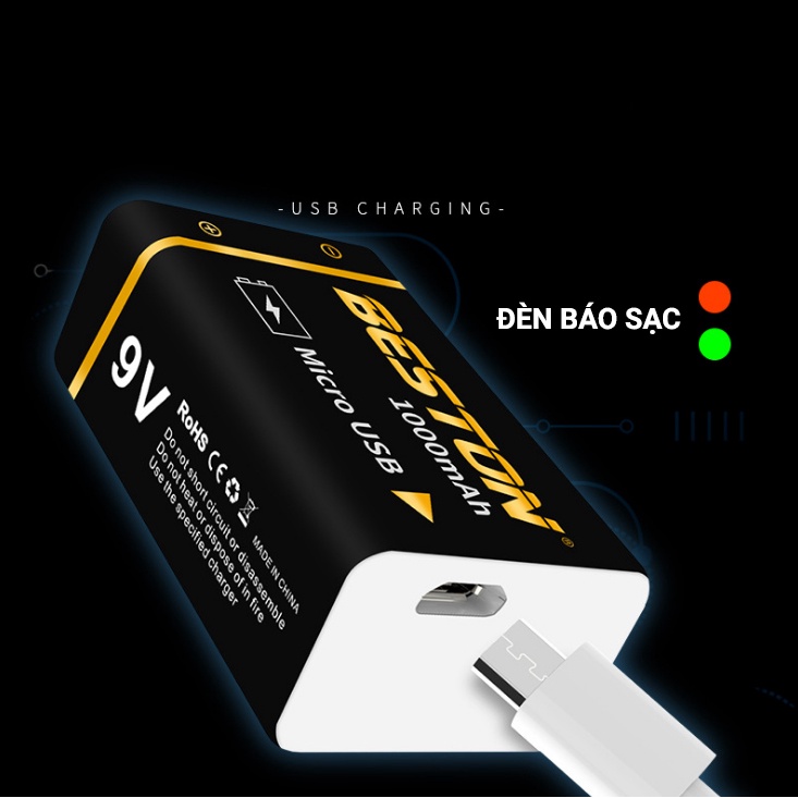 Pin sạc 9V Lithium Beston sạc trực tiếp micro USB dùng cho đồng hồ đo điện, máy nghe nhạc, đèn pin