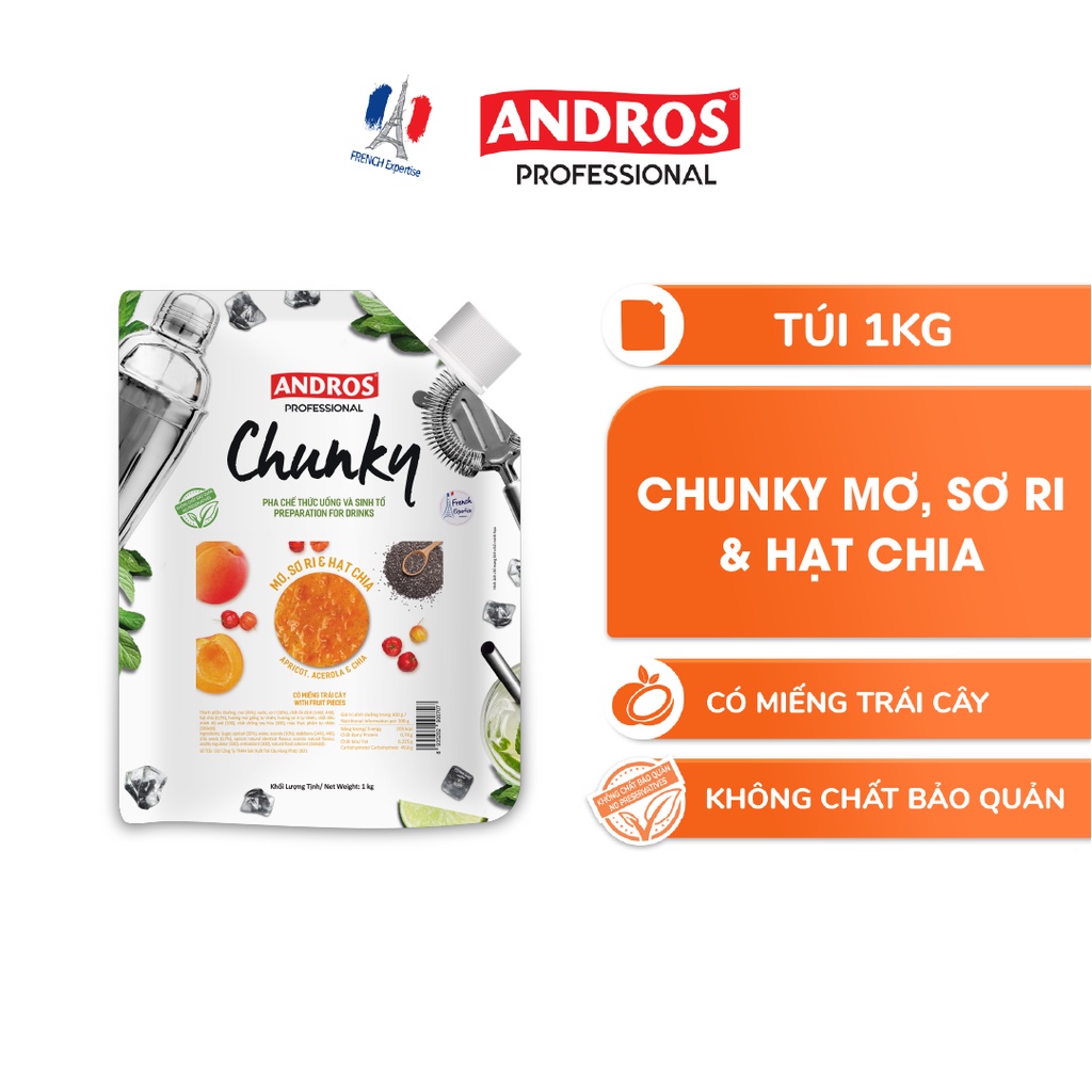 Mứt Trái Cây Pha Chế Mơ, Sori & Hạt Chia  - Có miếng trái cây thật - Nguyên liệu pha chế - ANDROS CHUNKY - 1kg