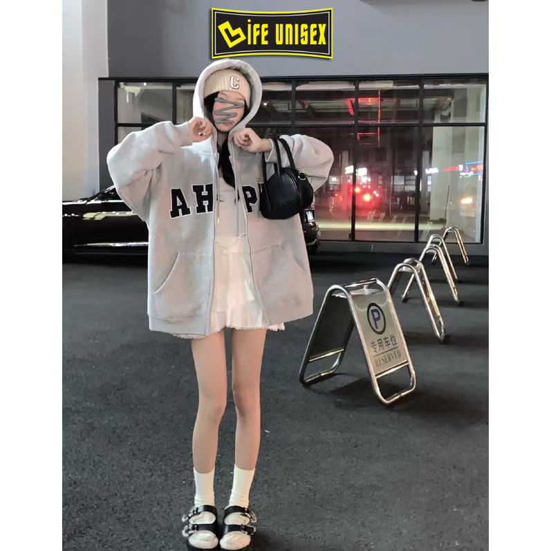 Áo Khoác Hoodie Nỉ AHPH Nam Nữ Ulzzang Unisex Dây Kéo, Áo Khoác Nỉ Form Rộng LIFE UNISEX