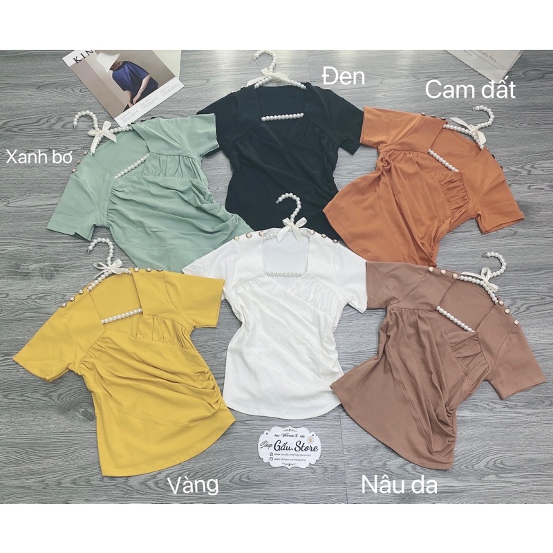 Áo thun body tay ngắn chéo ngực phối cúc vai