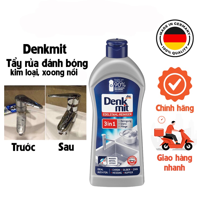 Dung dịch vệ sinh tẩy rửa inox, bồn rửa chén bát, tẩy dầu mỡ trên bếp DENKMIT 3 IN 1 Hàng nhập khẩu Đức, chai 300ml