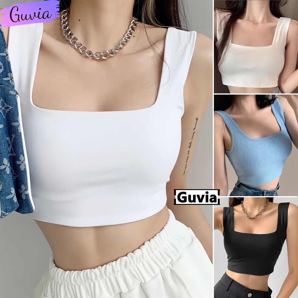 Áo Croptop Hai Dây Bản To Không Tay Sát Nách Cổ Vuông Ôm Body, Áo ba lỗ nữ Dây cổ U GUVIA CR17