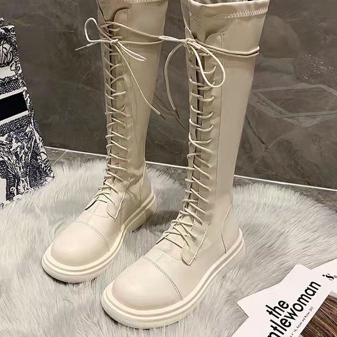 Giày bốt da cổ cao mềm mũi tròn có dây thắt thời trang dành cho nữ | BigBuy360 - bigbuy360.vn