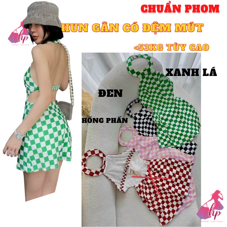 Váy cổ yếm nữ hở lưng  dáng xòe cài cúc thun gân, đầm  yếm sọc carô  phong cách sang chảnh hàn VD242