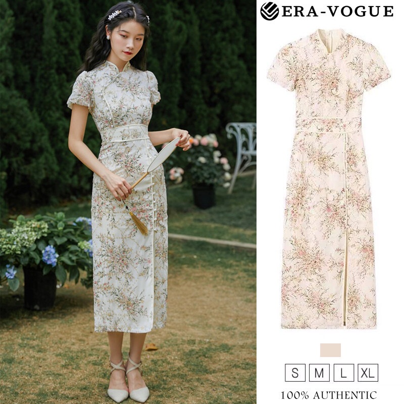 EraVogue Sườn Xám Đầm dáng cổ tròn vải chiffon satin in hoa phong cách Trung Quốc thanh lịch 4142