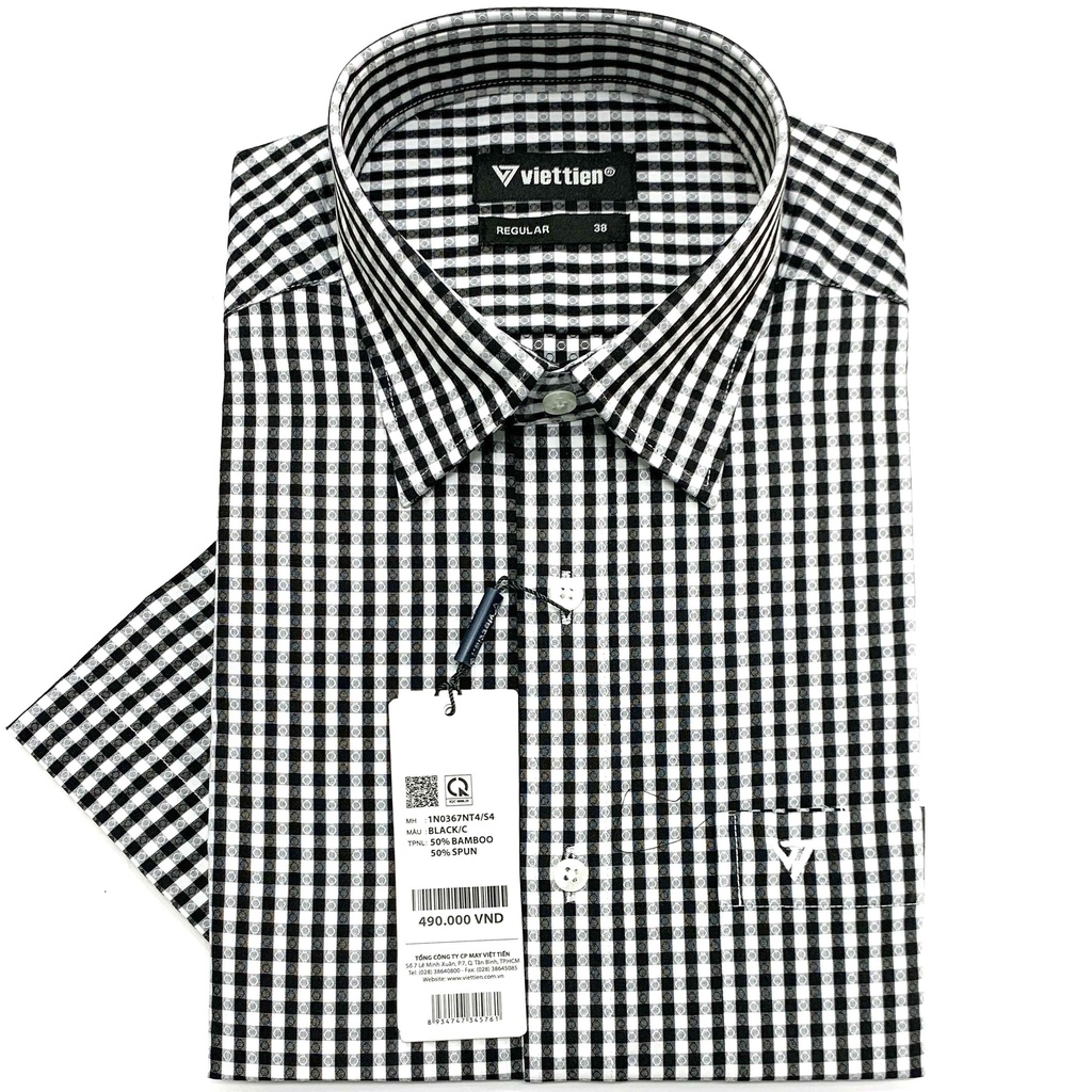 Viettien - Áo sơ mi nam ngắn tay ca rô vạt bầu 1N0367 regular