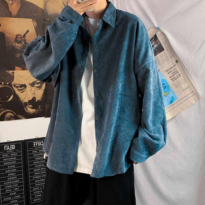 Áo Khoác Sơ Mi Nhung Kẻ Dài Tay Thời Trang Dành Cho Nam Giới