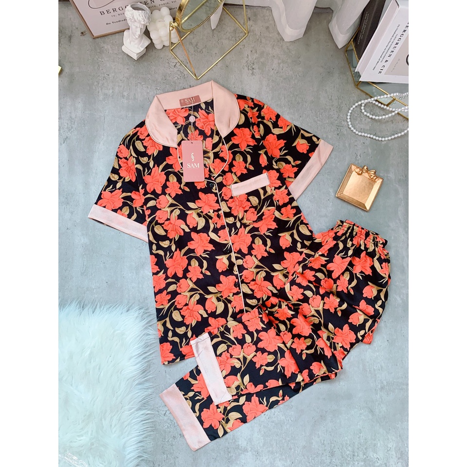 Bộ đồ mặc nhà Sam cao cấp, set đồ pijama nữ chất lụa Satin mềm mịn họa tiết hoa độc đáo trẻ trung nữ tính,