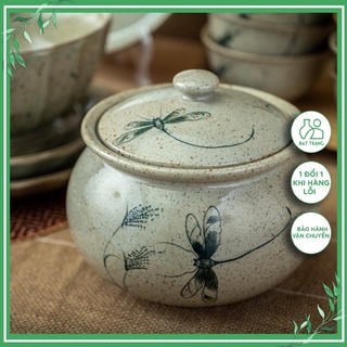Âu cơm sứ men tiêu chuồn chuồn 1l thố canh cơm có nắp gốm sứ bát tràng