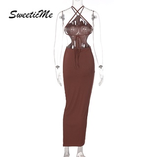 SweeticMe Mới Gợi Cảm Dây Đeo Cổ Slim Fit Đầm Không Tay
