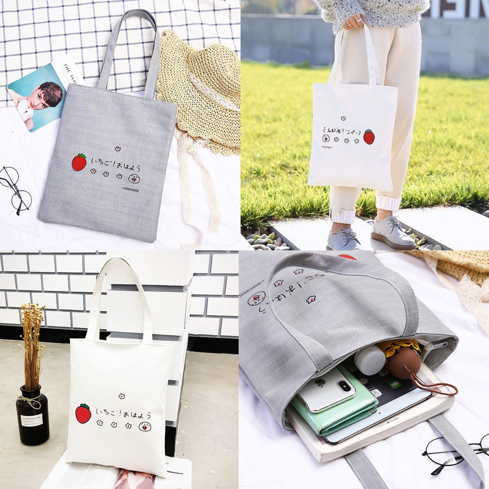 Túi tote vải canvas loại xịn dày dặn có khóa kéo họa tiết dâu tây xinh xắn - Monkeyshop078