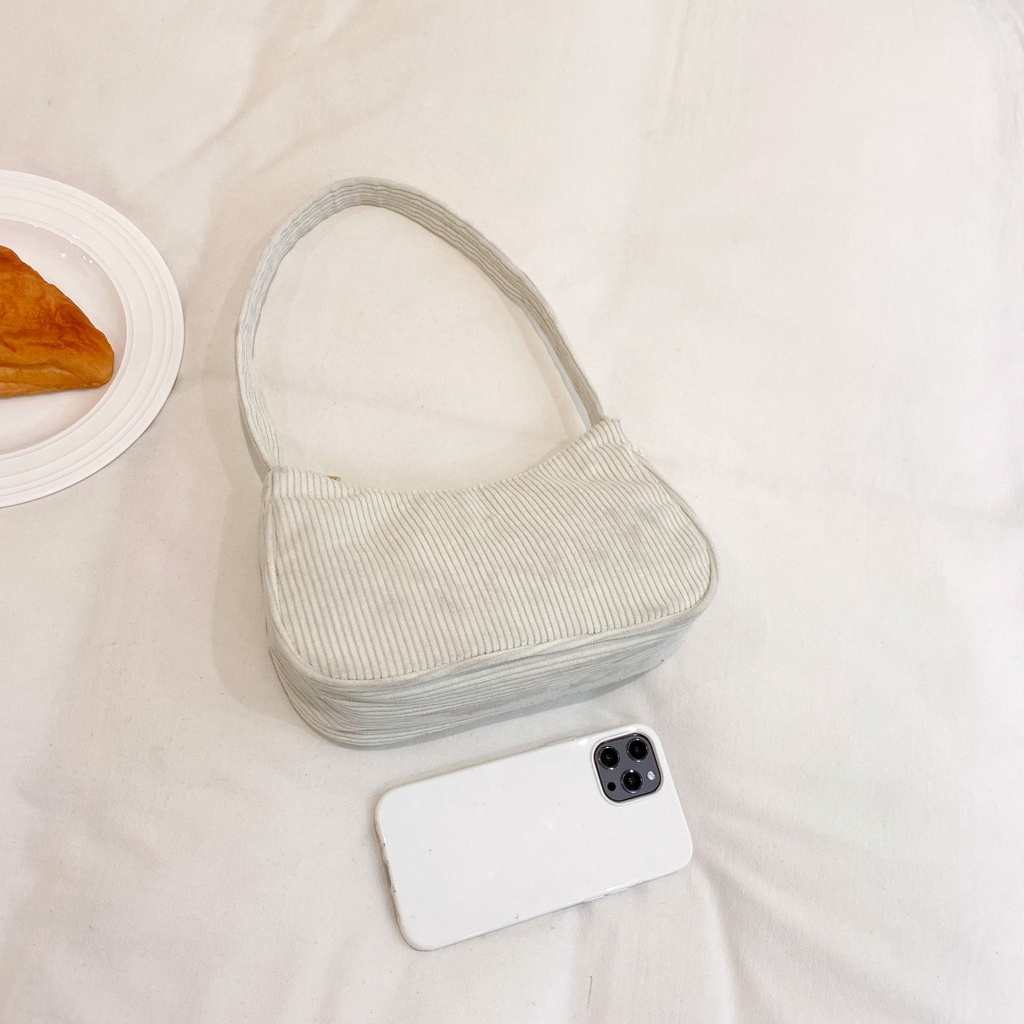 Túi Xách Đeo Vai/Kẹp Nách Vải Nhung Kẻ Nhỏ Xinh Phối Dây Xích Thời Trang Nữ