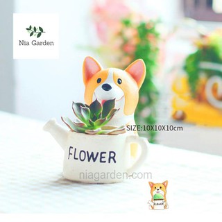 Chậu trồng cây hình thú, chó Corgi ôm bình tưới - CTK