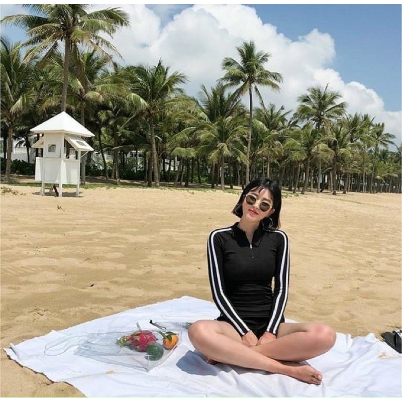 Sét bikini biển nữ ❤️ Hàng Cao Cấp ❤️ Sét đồ bơi nữ áo tay dài kèm quần đen pha trắng