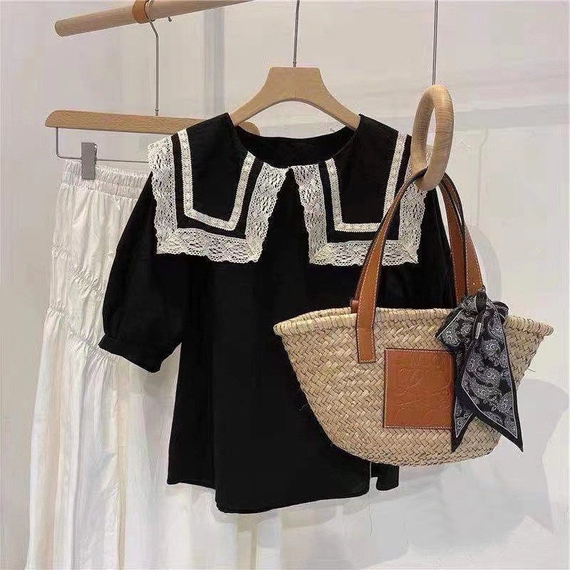 Áo Thun Dáng Rộng Cổ Búp Bê Phối Ren Thiết Kế Mới Thời Trang Mùa Hè Dành Cho Nữ