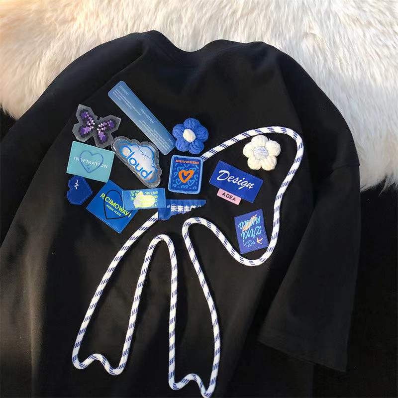 Áo Thun Tay Ngắn Dáng Rộng Phối Nơ Phong Cách Mỹ Thời Trang Cho Nam Và Nữ