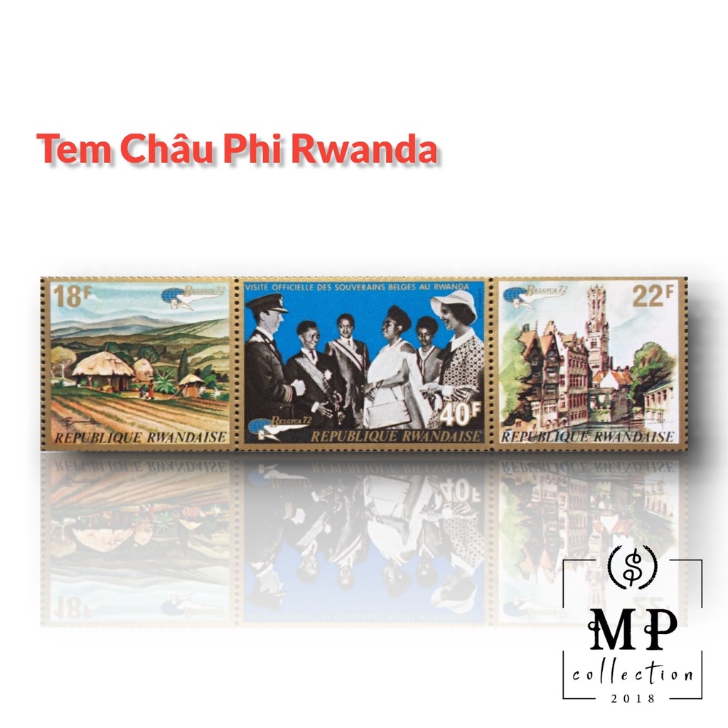 Bộ 3 tem sưu tập nước ngoài Trung Phi Rwanda.