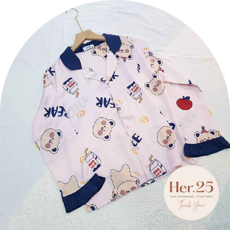 Bộ pijama dài tay, đồ bộ ngủ mặc nhà lụa satin mềm mịn mát mẻ in hình gấu BRR siêu xinh