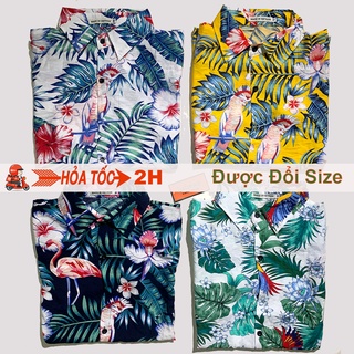 Áo sơ mi hoa lá chim cò đi biển, chất đũi mềm mát nam nữ mặc đẹp