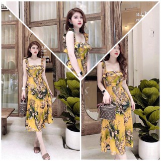 Đầm Dự Tiệc Cao Cấp 🎈 FREE SHIP 🎈  Đầm Xòe Đẹp Hoa Vàng 2 Dây Chất Liệu Voan Lụa Mềm Freesize từ 40 đến 55kg