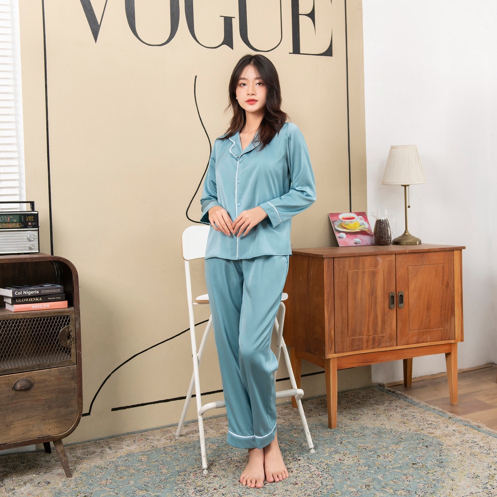 Bộ Lụa Pyjama Dài Tay Hàng Thiết Kế Chất Liệu Lụa Pháp Cao Cấp Mềm Mịn Không Nhăn Không Xù Không Phai Màu