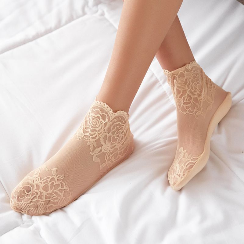 Youyo Đôi Vớ Lưới Xuyên Thấu Màu Trơn Phối Ren Hoa Siêu Mỏng Chống Trượt Gợi Cảm Cho Nữ