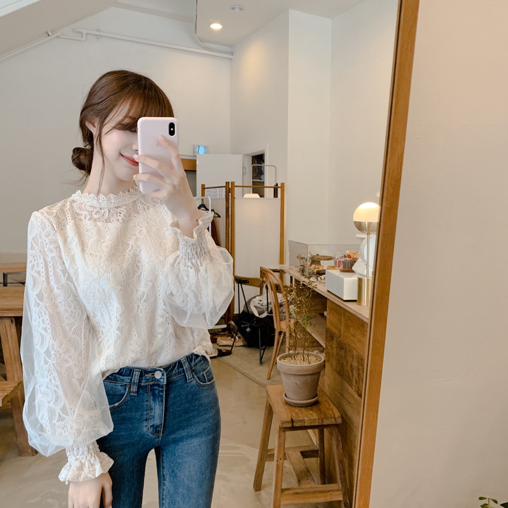 Áo nữ giả 2 mảnh phối ren cổ tròn tay phồng dài dáng rộng phong cách Hàn Quốc thời trang thanh lịch màu trắng/màu mơ