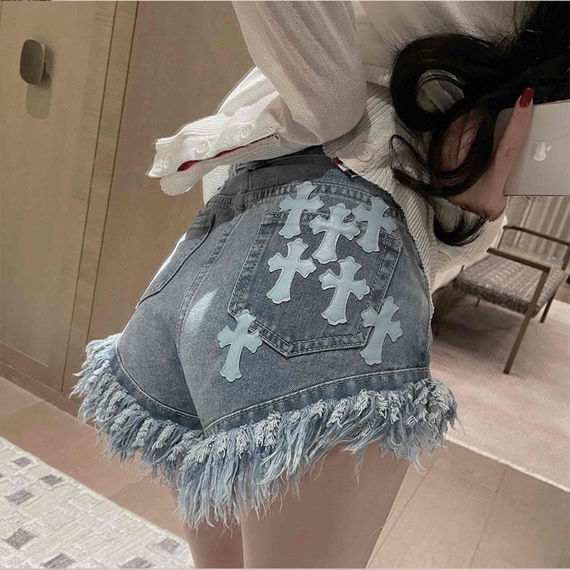 Quần short denim mỏng eo cao viền thô họa tiết thánh giá thiết kế mới thời trang hè năm 2023 bán chạy cho nữ