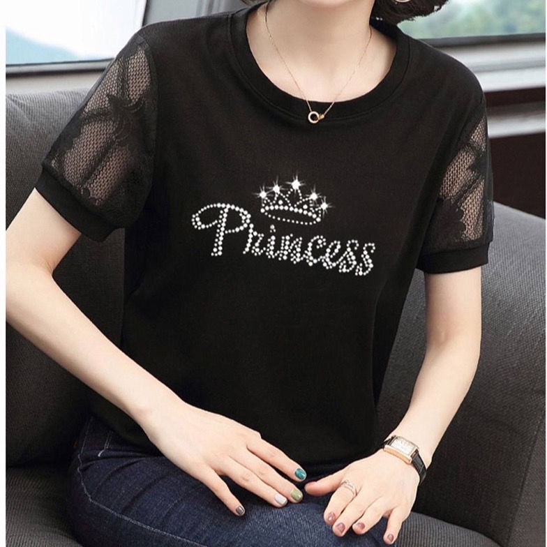 Áo thun tay ngắn phối ren rỗng cỡ lớn thời trang cho phụ nữ trung niên