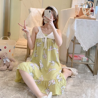 Đầm ngủ, đầm bầu 2 dây đính nơ tiểu thư nữ tính, váy ngủ 2 dây họa tiết dễ thương đáng yêu