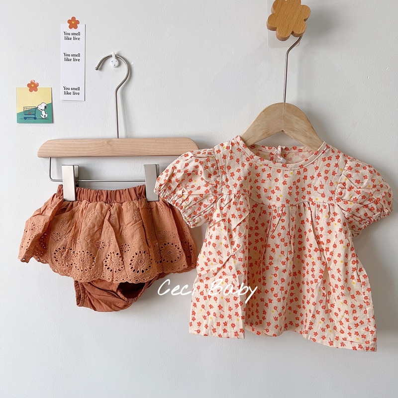 Set 3 chi tiết mũ, quần váy, áo hoa cho bé gái đáng yêu ảnh thật