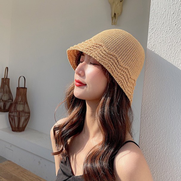 Mũ cói form xô ôm gọn mặt vành lượn sóng