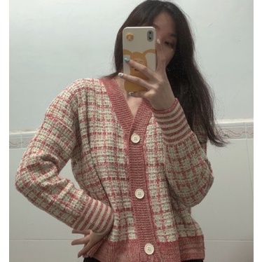 Hàng Sẵn_Áo khoác cardigan kẻ sọc ngắn rộng rãi phong cách Hàn