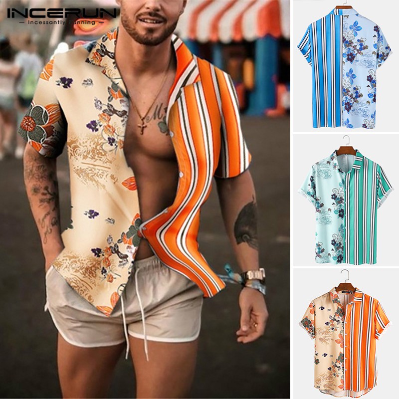 INCERUN Áo Sơ Mi Ngắn Tay Phối Màu Thời Trang Cho Nam