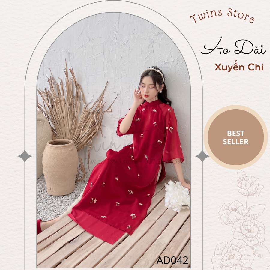 Áo dài dáng suông KÈM QUẦN, áo dài TWINS STORE, áo dài hàng thiết kế, chất oganza, thêu tay cao cấp - AD042