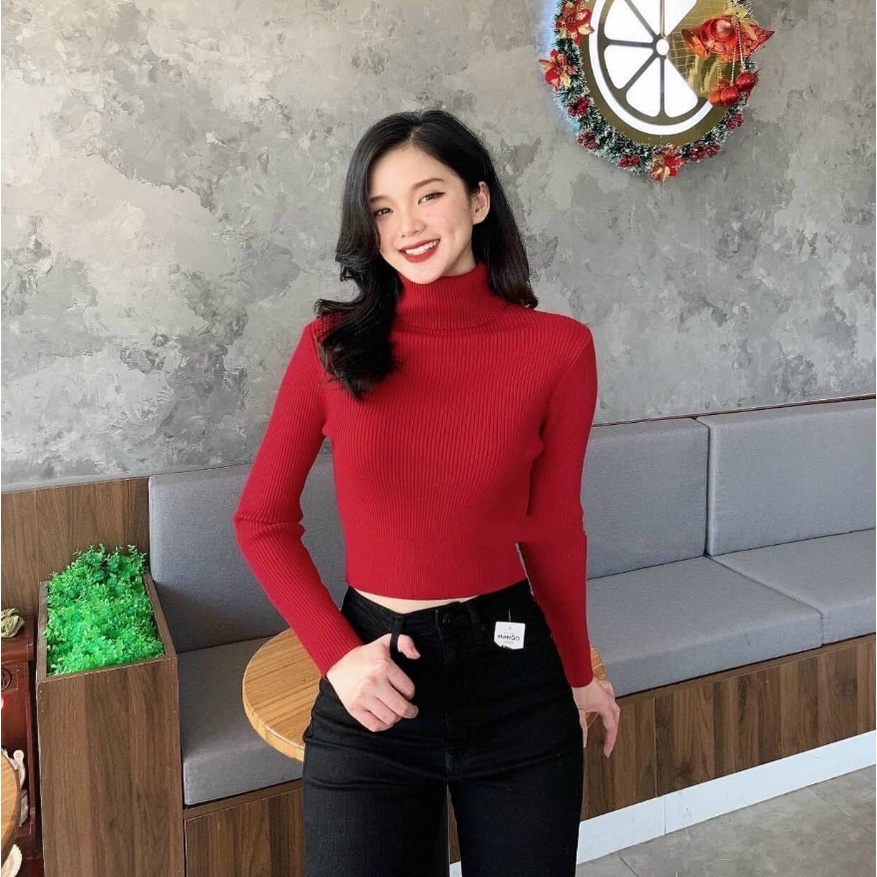 Áo len cổ lọ dáng lửng tay dài hàng quảng châu chất len dày dặn siêu ấm