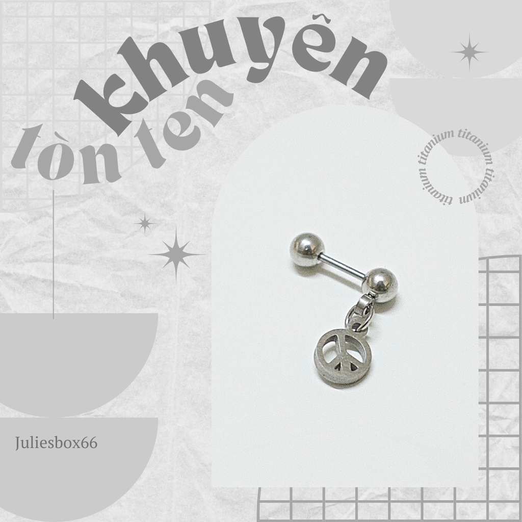 [1 Chiếc] Khuyên Tai Titan Unisex Có Charm Peace Màu Bạc Đuôi Bi Không Gỉ Sét Không Ngứa Bông Tai Julies Box 66