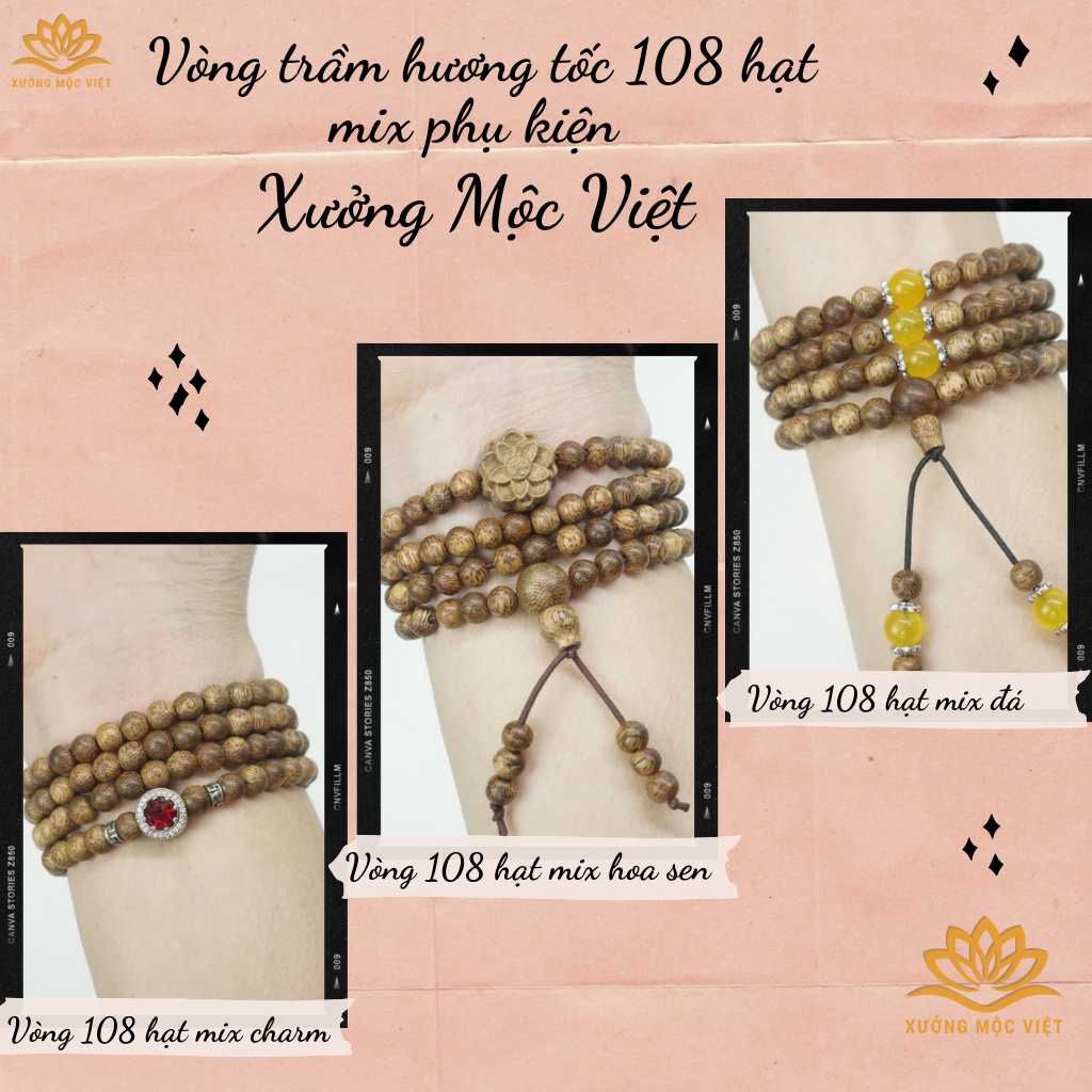 Vòng Tay Trầm Hương Tốc 108 Hạt Mix Phụ Kiện Xưởng Mộc Việt - Size Hạt 6mm Dành Cho Nữ