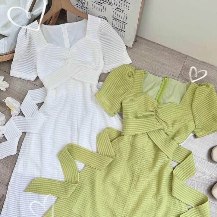 Váy nữ thiết kế dự tiệc, Đầm Midi thêu nhún ngực, xẻ tà, thắt eo trẻ trung, sang trọng, dễ thương