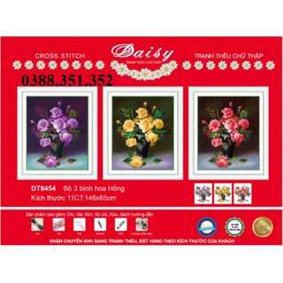 (XẢ KHO) Tranh thêu chữ thập bộ hoa 3 bức treo cầu thang 3D