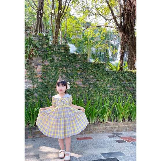 Váy bé gái chất cotton, đầm bé gái size 1-12 tuổi, đầm trẻ em màu vàng kẻ