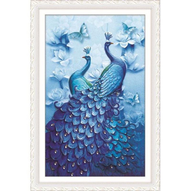 Tranh thêu chữ thập đôi chim công xanh dương 3D AIluo AL53585 |50x70| chưa thêu