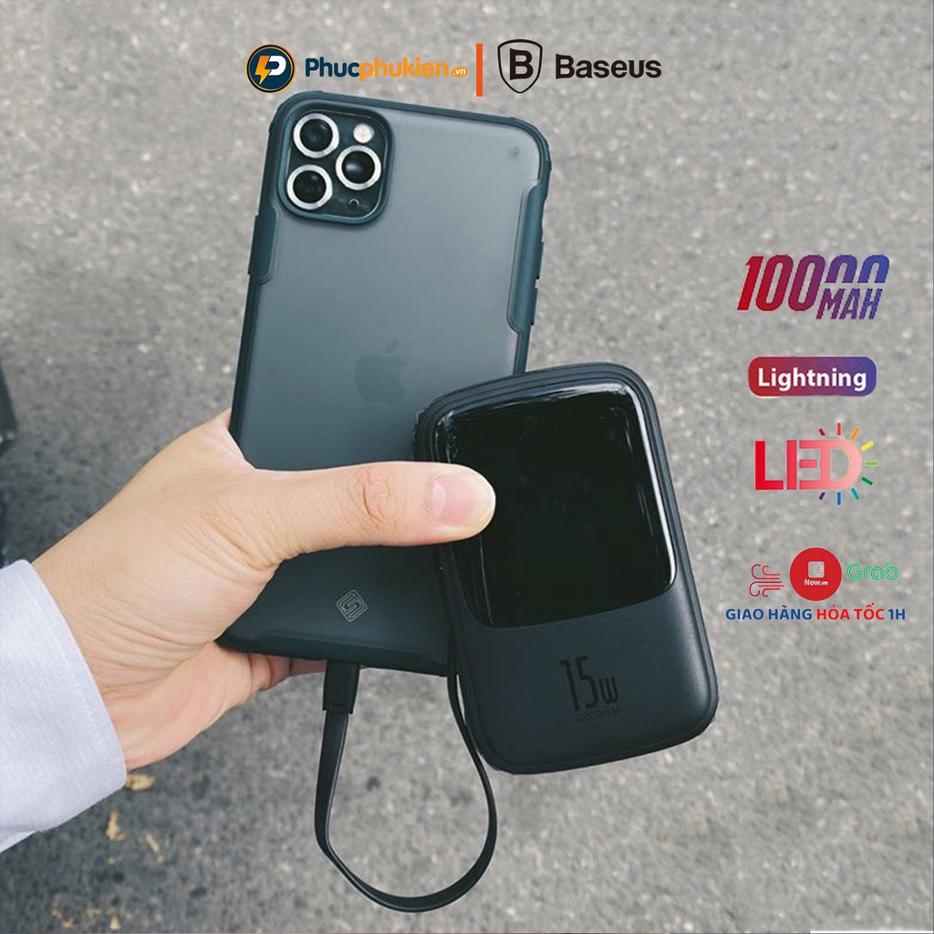 Sạc dự phòng 10000mah Baseus Q Pow tích hợp cáp sạc iPhone hỗ trợ sạc nhanh 15w - Phúc Phụ Kiện HCM