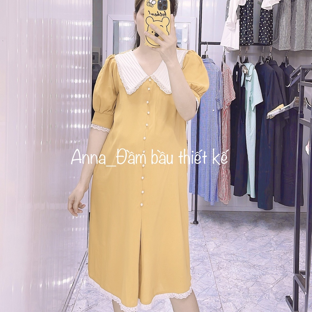 Váy bầu vàng cổ xếp ly xinh xắn