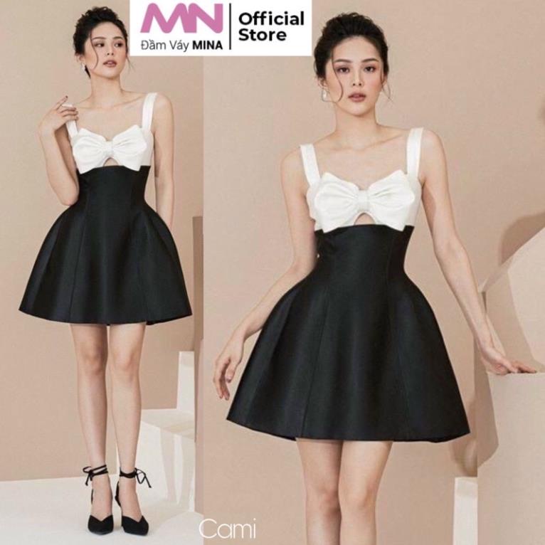 Đầm hai dây xoè nơ ngực Taffta quyến rũ sang trọng đi chơi dự tiệc - MN48 - Đầm Váy Mina -JV&