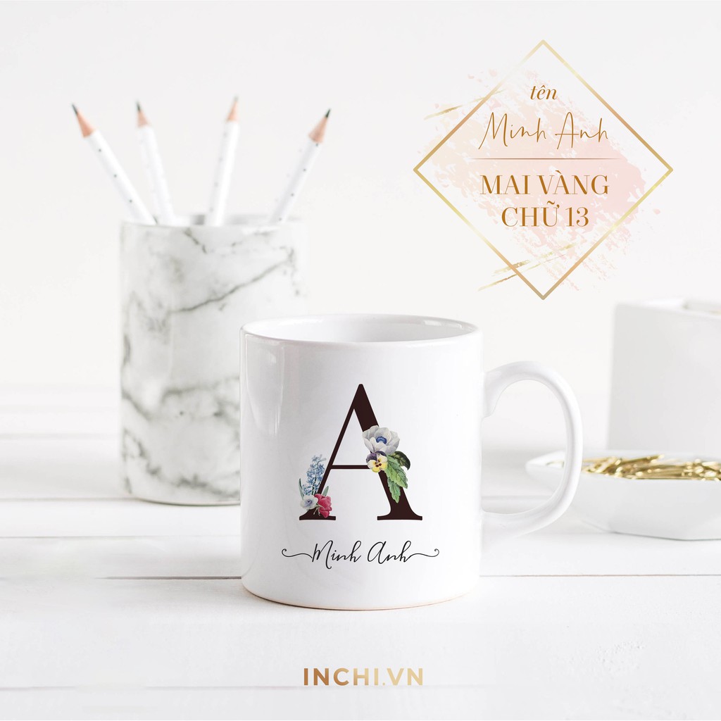 CỐC SỨ IN THEO YÊU CẦU TÊN VÀ BẢNG CHỮ CÁI HOA 2 ĐÁNG YÊU, CỐC SỨ UỐNG TRÀ CAFE SỨ CHẤT LƯỢNG CAO 350 ML
