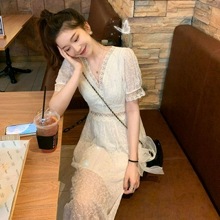 NEW Đầm Maxi Tay Ngắn Cổ Chữ V Phối Ren Thời Trang Mùa Hè Cho Nữ