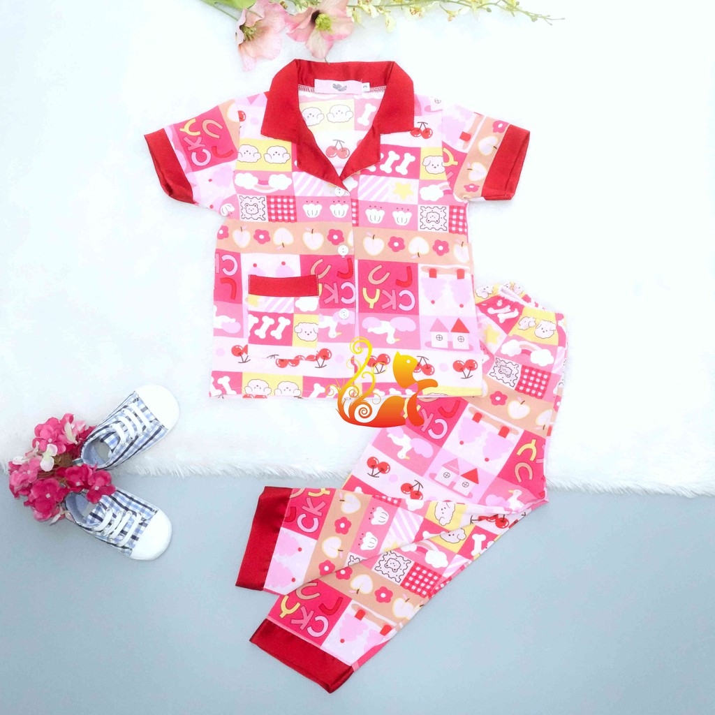 Đồ Bộ Pijama Satin Lụa Hàn "Ngôi nhà cherry" Phối Cổ Trơn Quần Dài Cho Bé - Từ 12kg - 42kg.