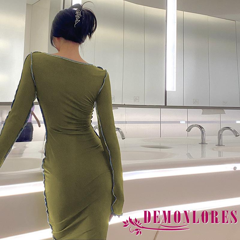 Đầm Dệt Kim Tay Dài Cổ Vuông Thời Trang Mùa Thu Cho Nữ